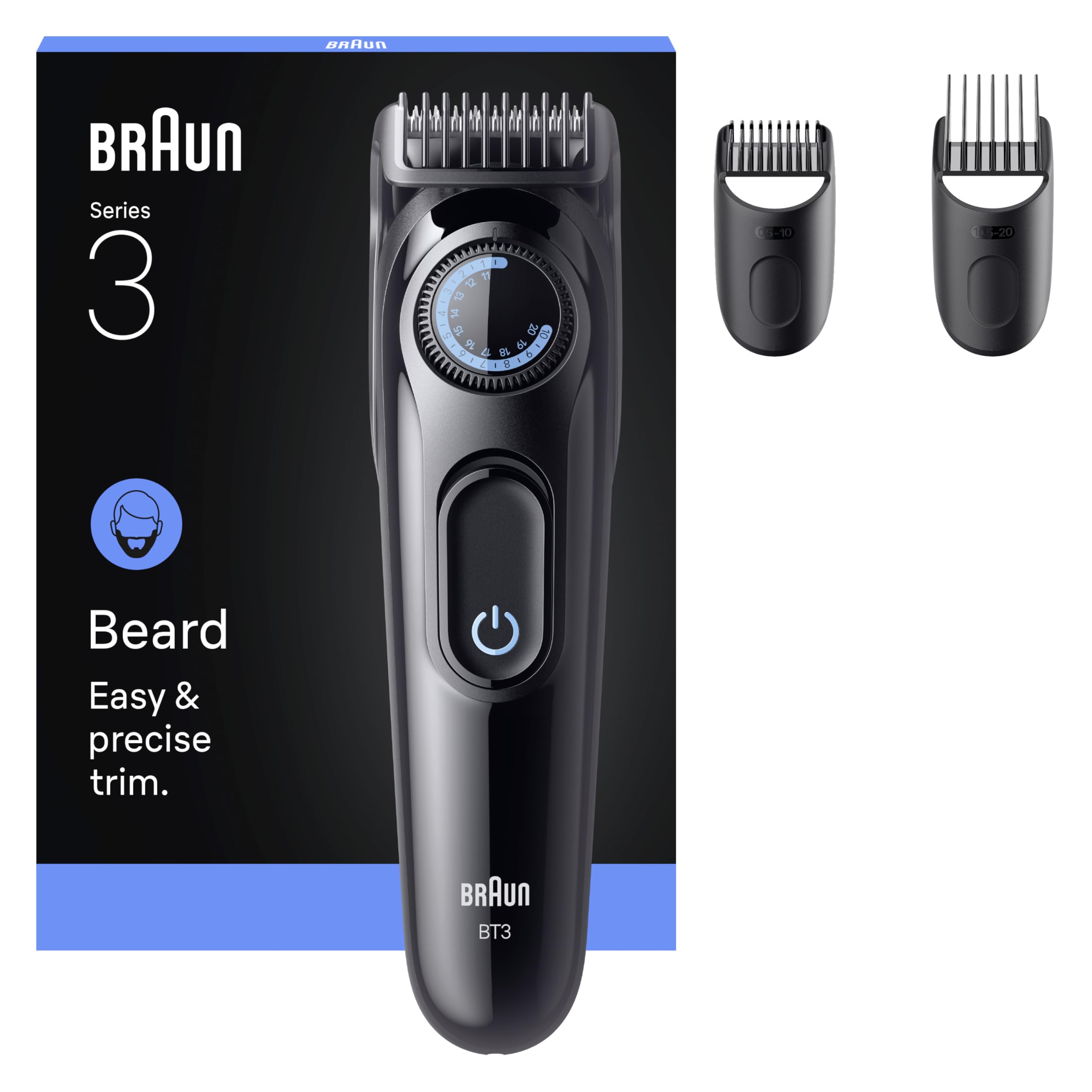 Braun Recortadora De Barba Series 3 BT3520, Barbero Recargable, +3 Accesorios De Afeitado, Lámina De Corte Ultra Afilada, 50 Min De Autonomía, 40 Longitudes, Negro/Azul
