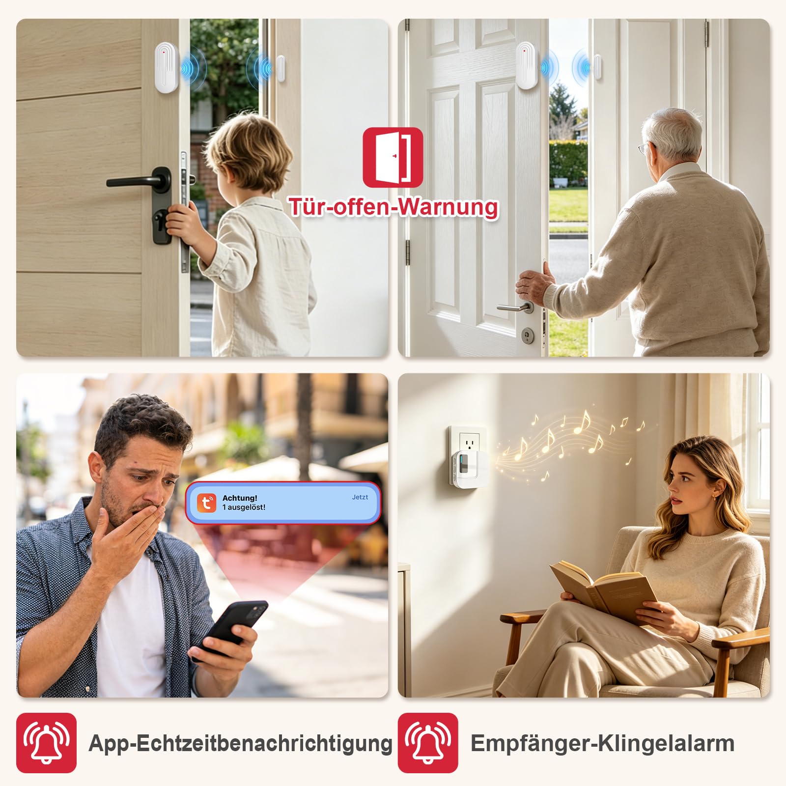 SanJie Alarma de puerta WiFi con notificación de aplicación, sensor de puerta y ventana con receptor, sensor de puerta de 110 dB, alarma para niños y mayores, sensor de puerta WiFi para hogar, oficina