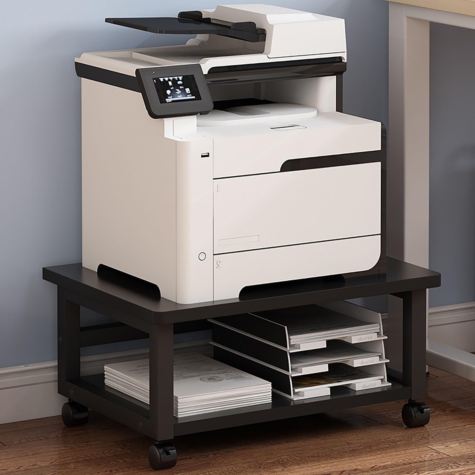 Druckertisch mit Rollen, Platzsparender Druckerwagen mit Regalboden für Zuhause & Büro, Mobiler Druckerständer unter dem Schreibtisch, Mit Feststellrollen, Einfach zu montieren(Black,W 50cm/19.6in)