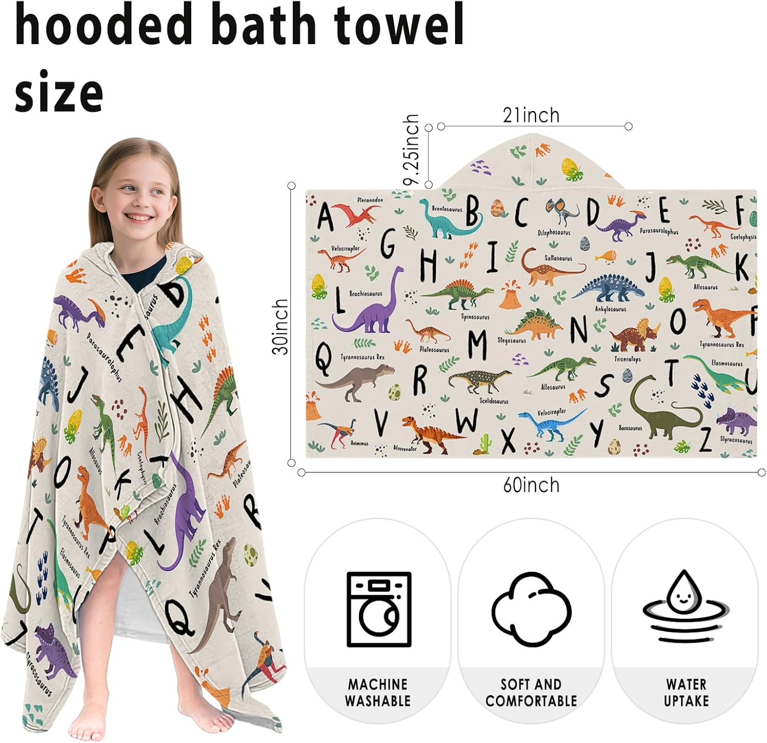Dinosaur Hooded Beach Towel for Kids, Alphabets Hooded Towels for Toddlers 30" x 50", Kids Beach Towels for Pool, Travel, Swim, Dinosaurs Wearable Bath Towel for Girls, Toddlers - Image 2
