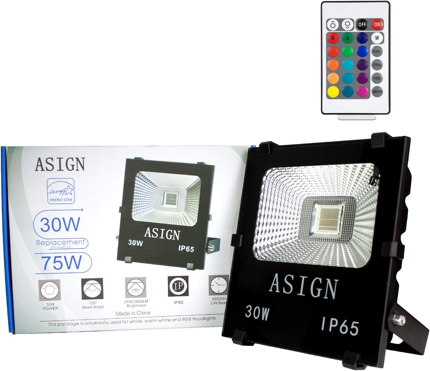 ASIGN 30W RGB LED Flood Lights, Indoor Outdoor Decoration Light Waterproof Color Changing LED Security Light with Remote Control, Dimmable Wall Washer Lights with US 3-Plug