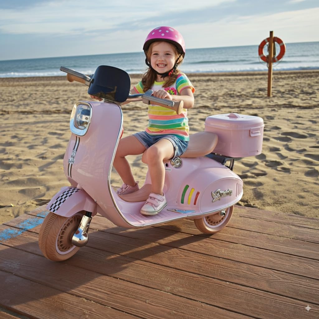 Twinly - Scooter elettrico per bambini con caricabatterie, acceleratore a pedale e funzionalità USB, luce e MP3 Bluetooth (Rosa)