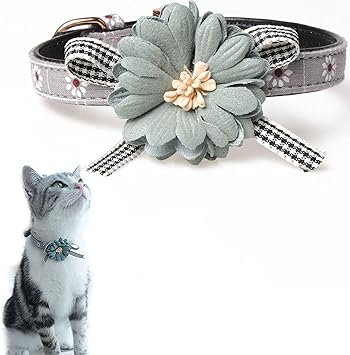 Amazon Refoiner 猫 首輪 猫の首輪 小型犬用首輪 セーフティバックル 可愛い花付き おしゃれ かわいい ピンク リボン飾り 姫様風 シュシュ ワンちゃん用首輪 ペット首輪 調節可能 簡単着脱 ファッションアクセサリー 幅1 3cm 首周り32 38cm グレー Refoiner