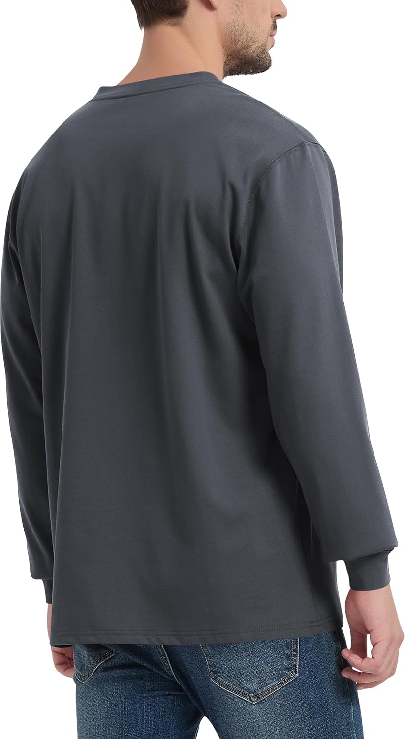 Men's Loose Fit Heavyweight Work Long Sleeve Henley T-Shirts Workwear Pocket Tee(Regular&Tall)