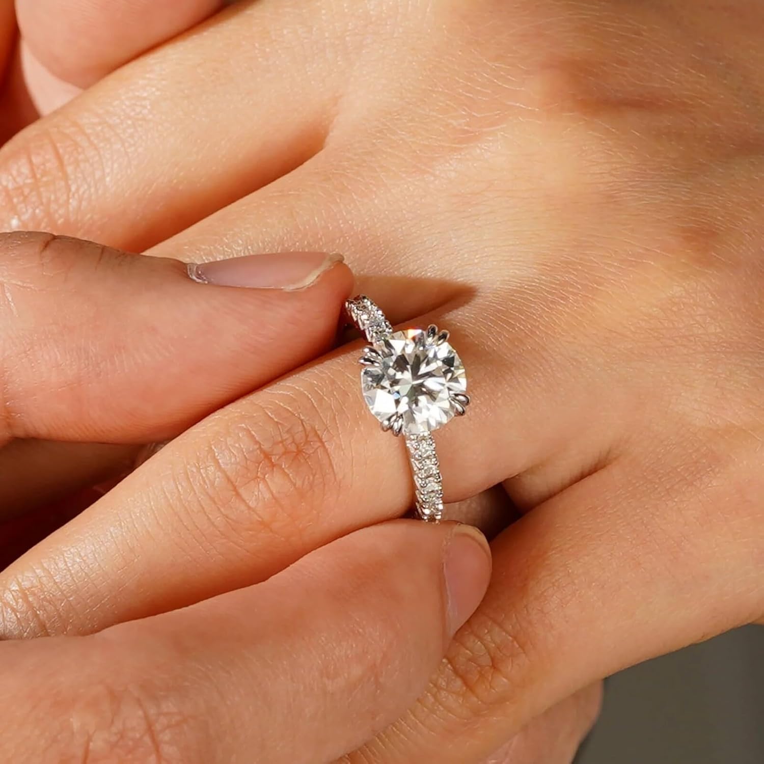 MSBLUE® Moissanite Engagement Ring, 1.0-3.0 CT Solitaire Round Cut With Pavé Accents, 14K Gold Vermeil, Rhodium Finish - Image 6