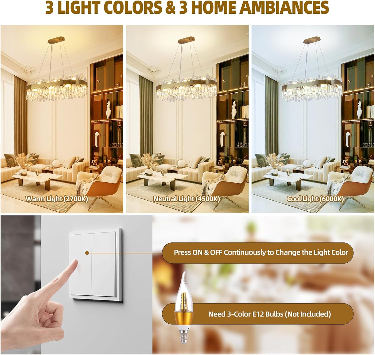 35.4 Inch Dimmable Modern Gold Crystal Chandelier, Luxury 2-Tier Rectangular K9 Crystal Ceiling Light Fixture, 16-Light Adjustable Brass Chandelier for Dining Room Kitchen Island Living Room