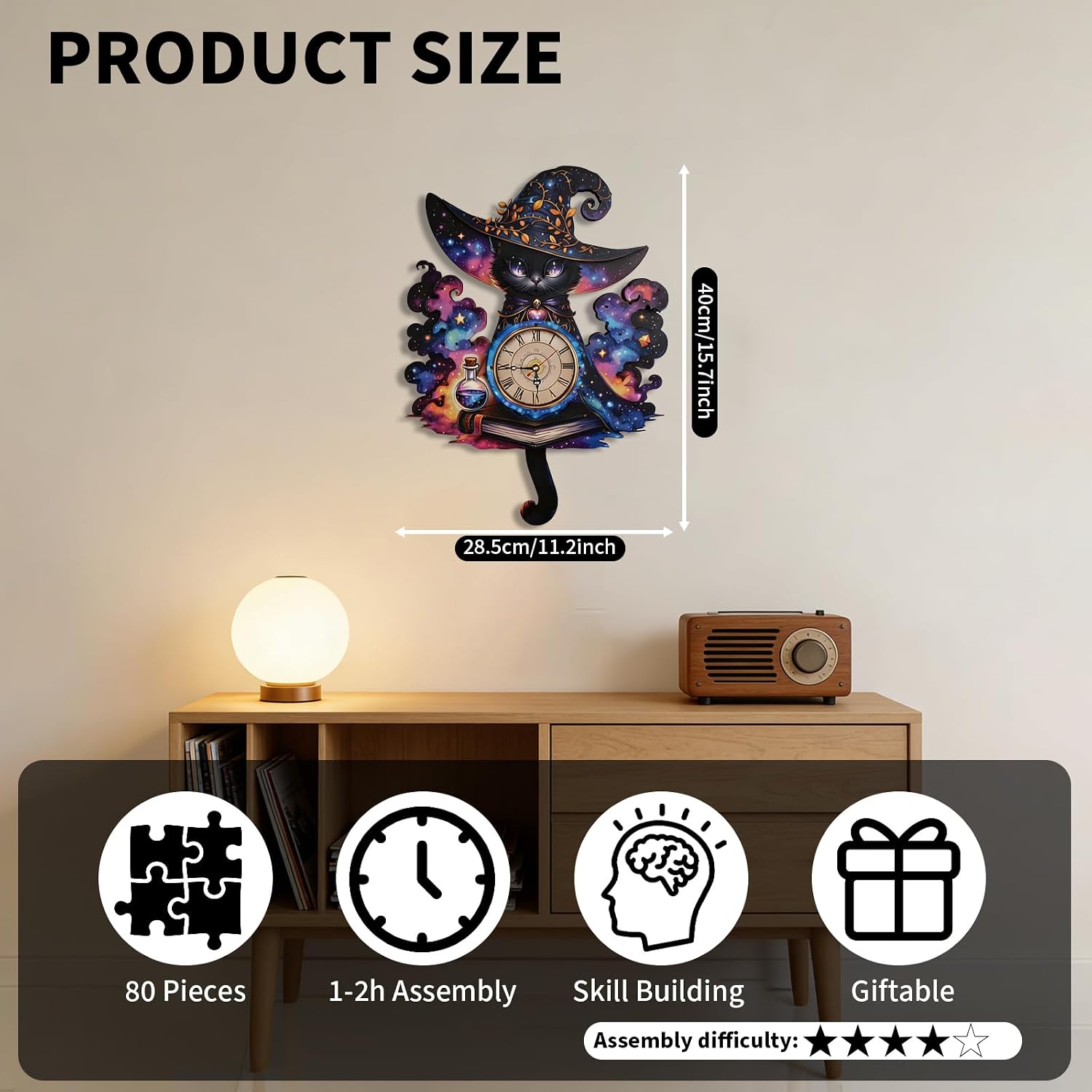 3D Wooden Puzzle Clock DIY Mechanical Model Kit, Wooden Desk & Wall Clock with Pendulum, Adult Crafts Model Clock Kit, Laser Cut Wood Assembly, Fantasy Cat Wizard Galaxy Decor, Unique Gift