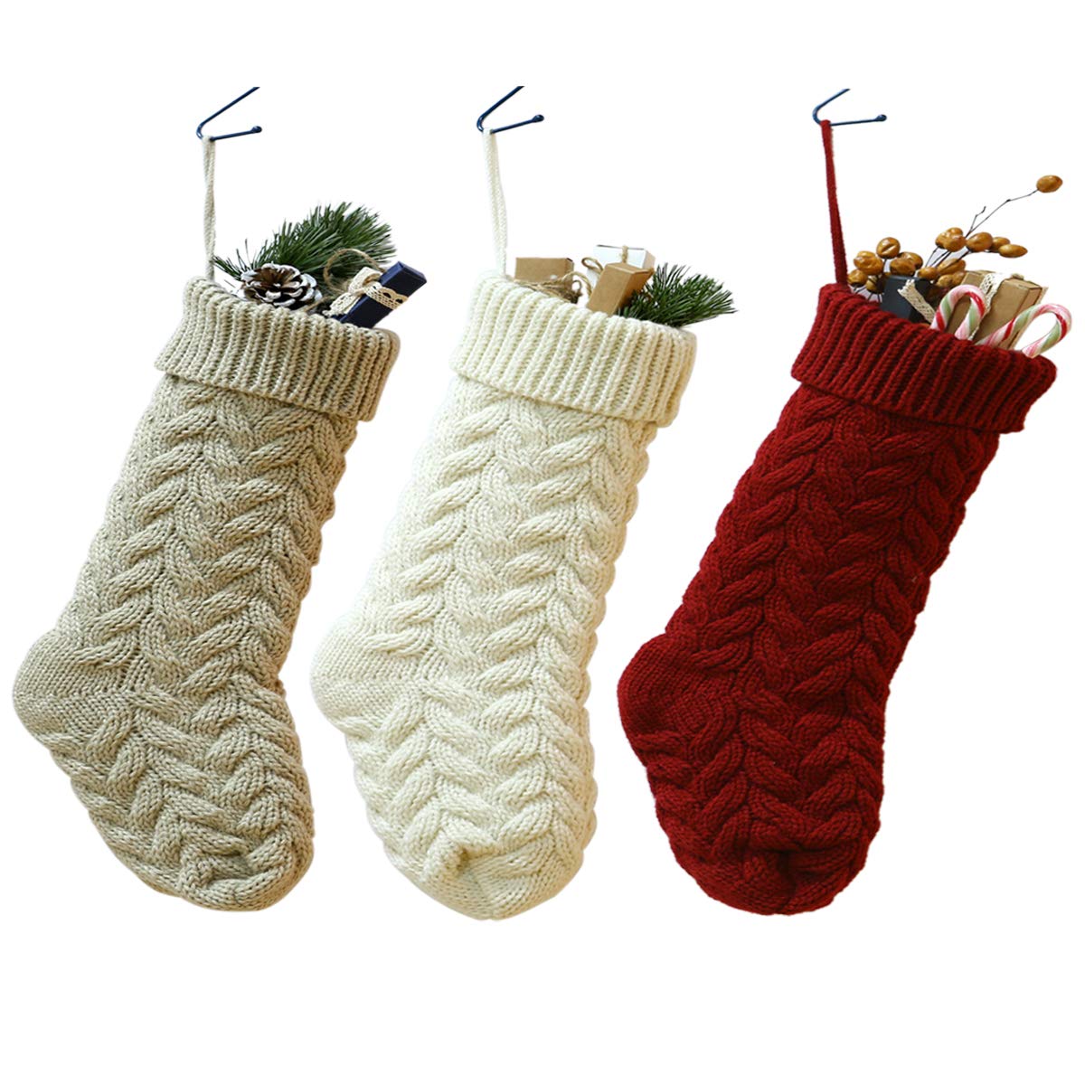 meioro Calze natalizie, 46 cm, cavo grande, calze natalizie a maglia, colore a contrasto, decorazione per camino, famiglia, vacanze, festival, decorazioni con biglietto di auguri (kaki, 1 pezzo