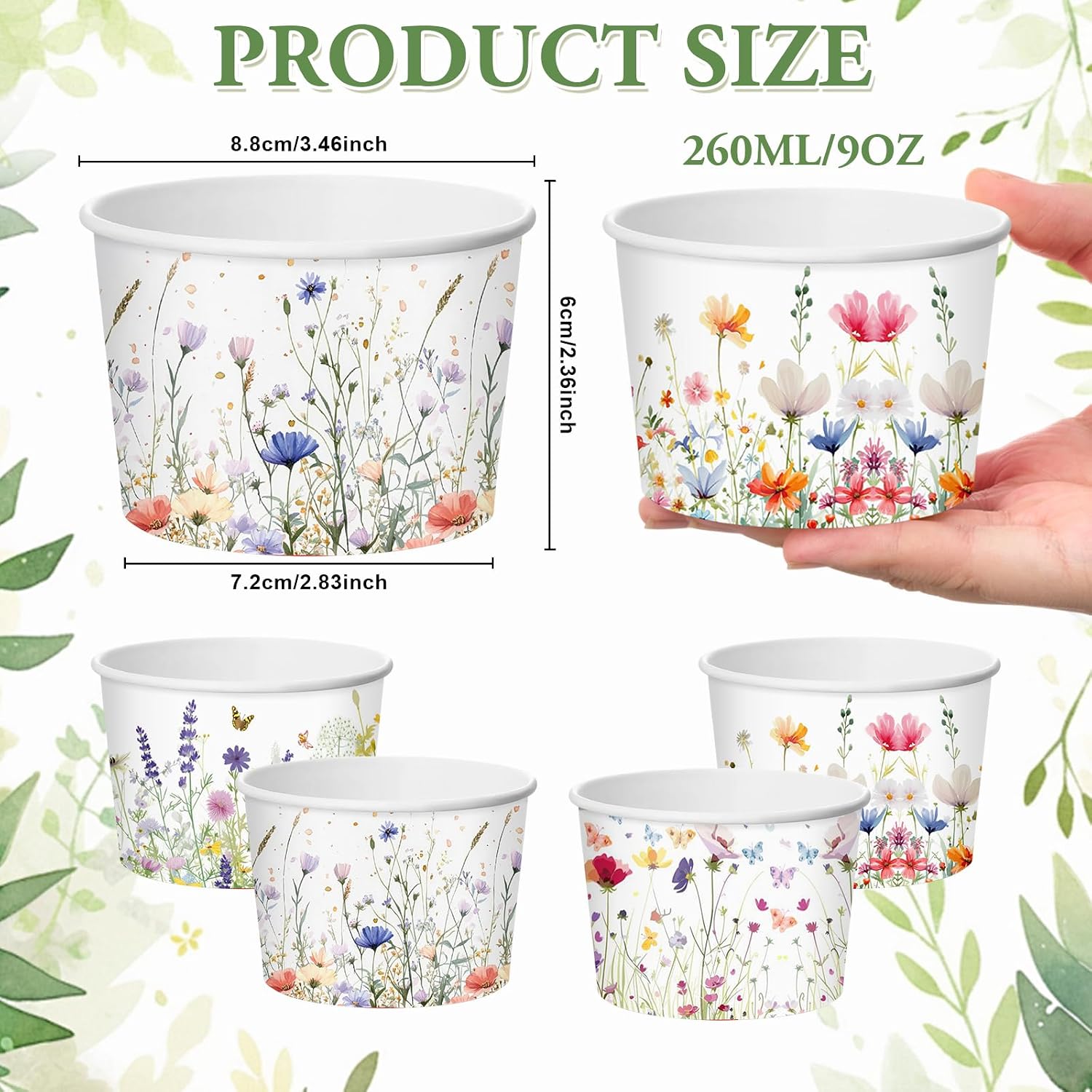 CHENGU 120 Pcs Spring Wildflowers Snack Cups 9 oz Disposable Spring Wildflowers Ice Cream Paper Bowls Decorative Dessert Treat Bowls for Yogurt Soup Hot or Cold Food image 2