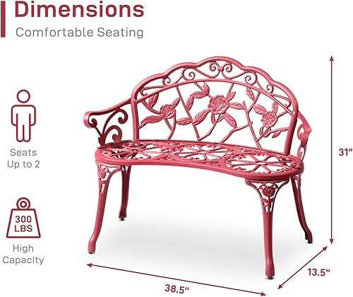 Miniatura 10 de VINGLI Banco de rosas de metal para patio y jardín de 38.5 pulgadas, marco de aluminio fundido de hierro fundido, silla de acabado antiguo,