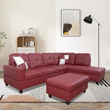 L Shape Leather Sofa Couch Sectional Sofa Set Modern Sectional Leather Couch Set with Chaise and Storage Ottoman for Living Room/Apartment/OfficeRed,L Shape Couches Furniture
