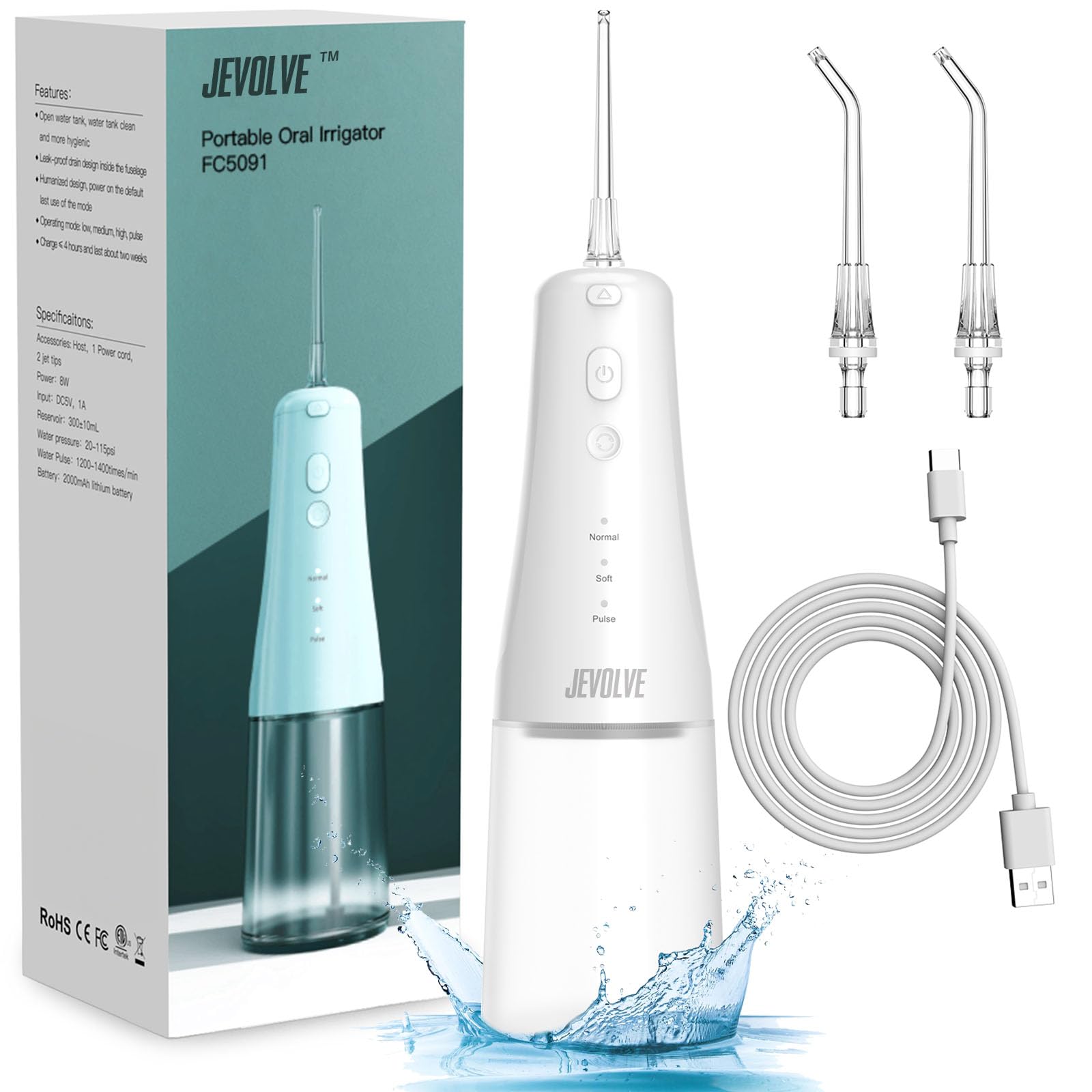 1PC Cordless Water Dental Flosser by JEVOLVE – Rechargeable Portable Water Jet for Teeth Cleaning, Gums, & Oral Care – Compact, High-Pressure Water Flosser for Home, Travel, and Daily Use