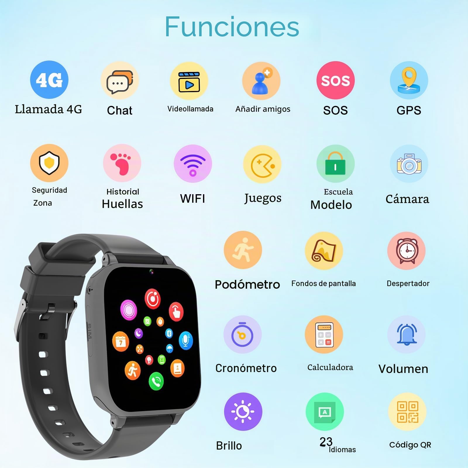 Smartwatch Niños 4G Llamadas, Reloj Inteligente Niño con GPS Telefono | Videollamada SOS Chat de Voz Modo Clase Cámara Cronómetro Podómetro, Reloj Infantil Niño Niña de 4 a 12 Años Negro