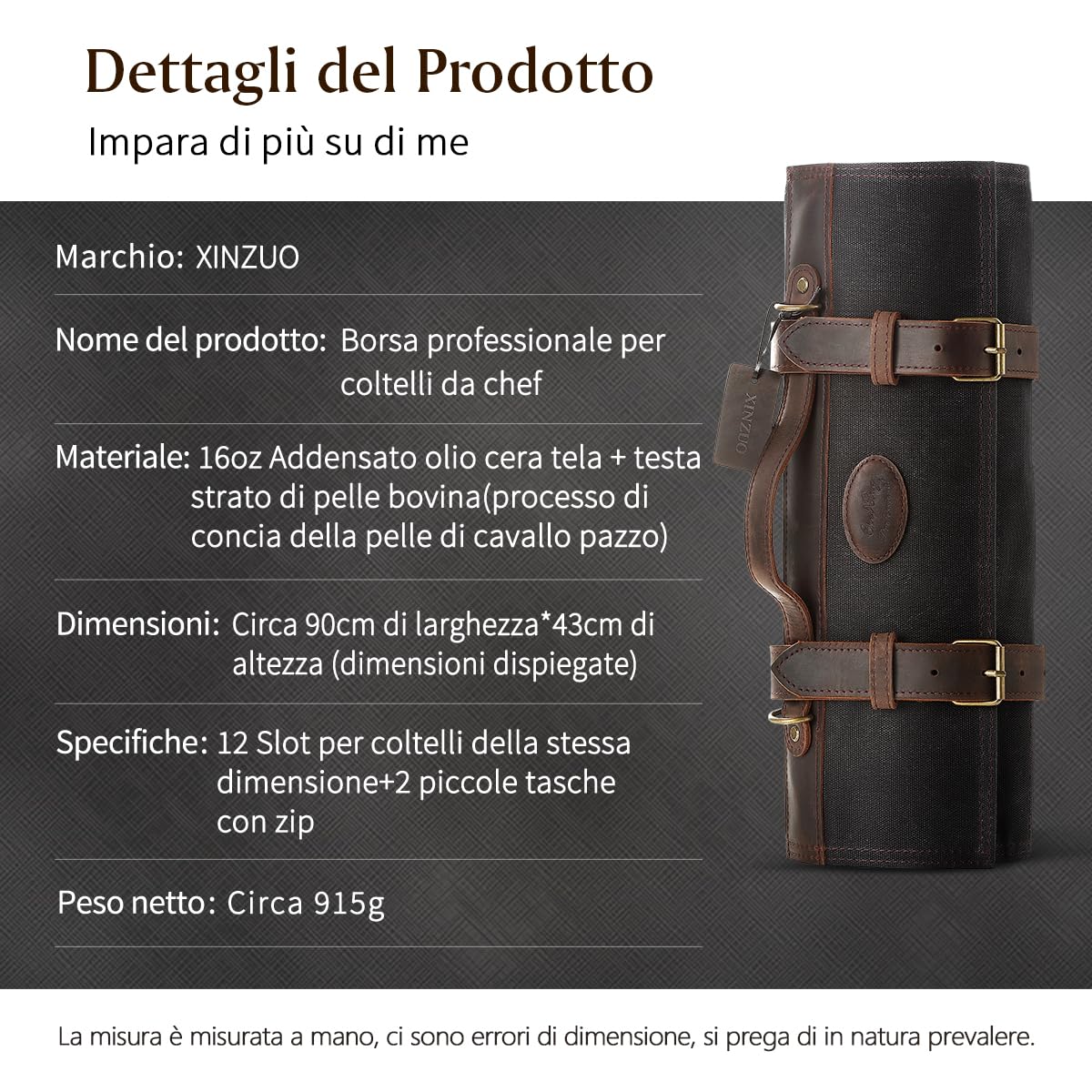 XINZUO Borsa a Rotolo per Coltelli Nera,Bcustodia per Coltelli da Chef,12 Scomparti per Contenere Gli Strumenti da Cucina,Tela Cerata da 16oz e Pelle,Borsa Porta di Utensili di Cucina (Solo Borsa)