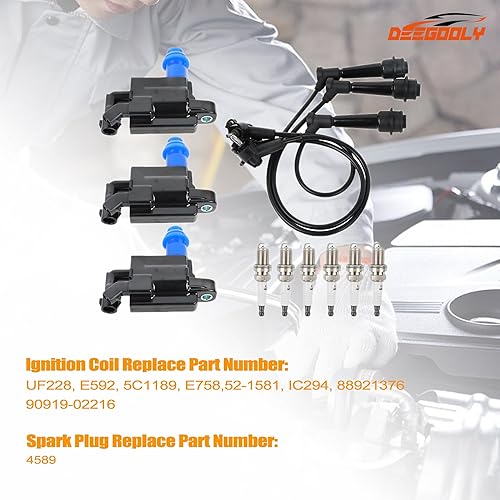 Miniatura 3 de Paquete de 3 bobinas de encendido UF228 y 6 bujías de iridio 4589 y 3 cables de bujía 7092 compatibles con Lexus GS300 IS300 2001-2005 y para Toyota