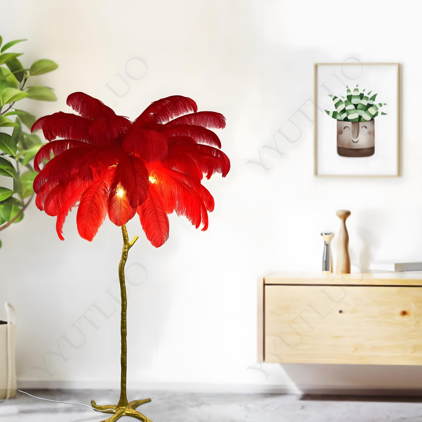 YYUTLUO Red Feather Floor Lamp, Gold Resin Art Body + Natural Ostrich Feather + Metal Base, 3 Color Temperatures E14 LED Bulbs * 3, Living Room Dining Activity Children's Bedroom Office (H120*Ø75cm) — image 1