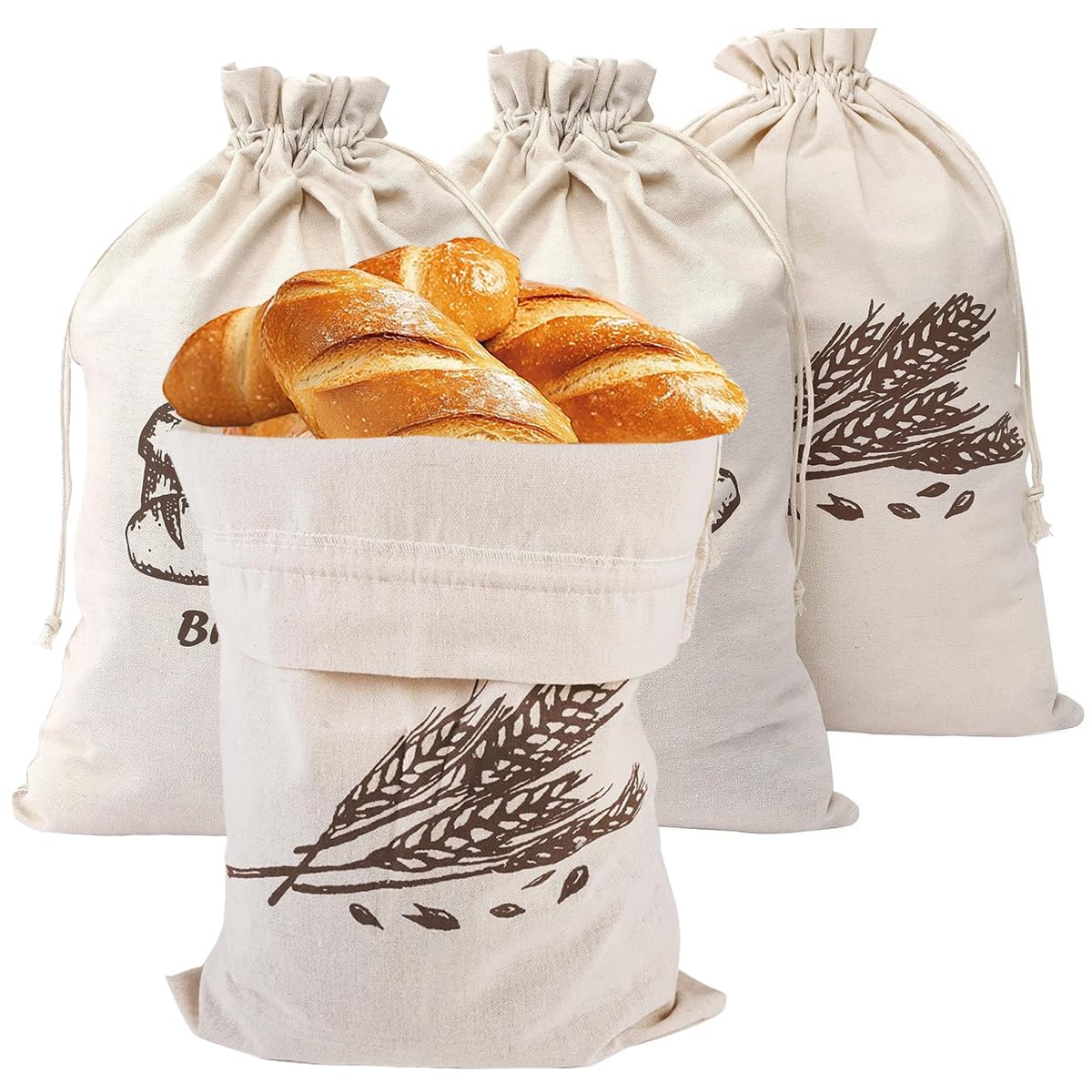 4 Pieces 30 X 40 cm Large Reusable Bread Bag Linen Cloth with Drawstring