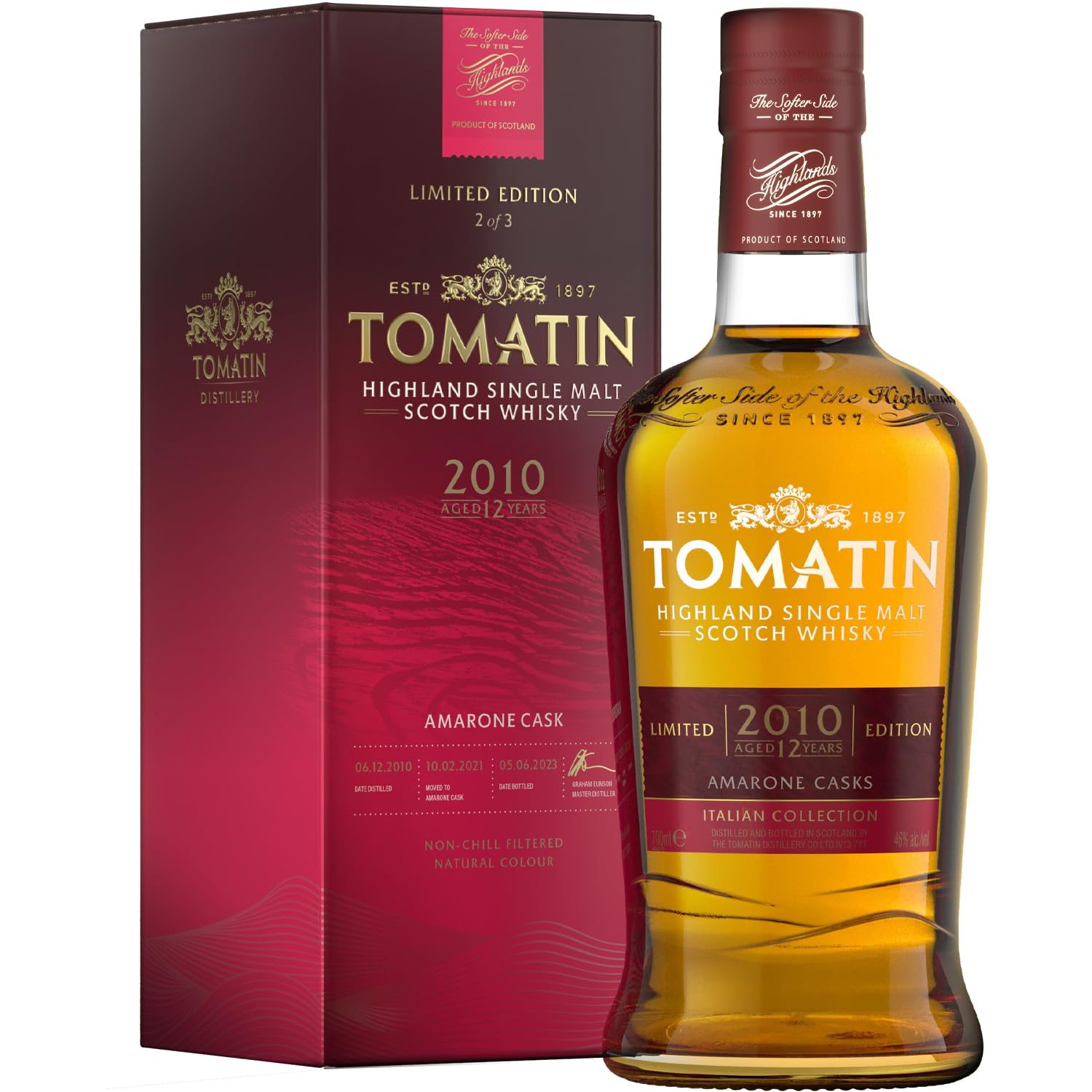 Tomatin Italian Collection Amarone Whiskey - Highland Single Malt Scotch Whisky Maturato in Botti di Amarone e Bourbon, 46%, Bottiglia in Vetro da 70cl
