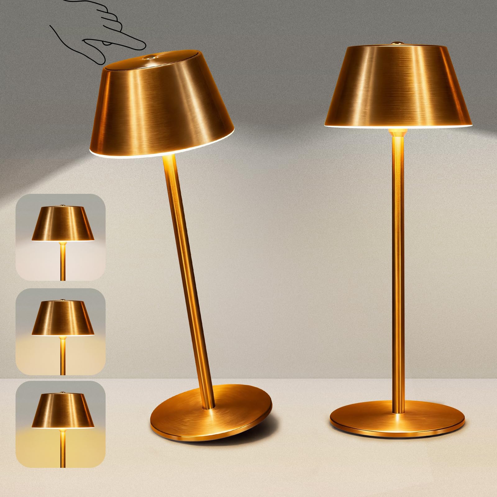 Photo 1 of 2 Pack Gold Cordless Table Lamp, All-Metal Brushed Finish Brass Cordless Table Lamp, Rechargeable with Long Battery Life, Touch Control Accent Light for Bedside, Dining Table, Living Room, Patio& Bar