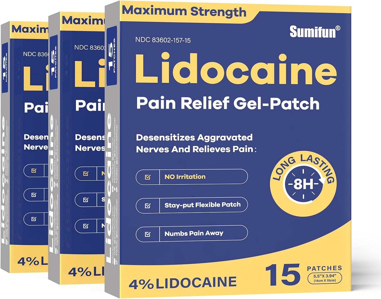 Sumifun 4% Lidocaine Pain Relief Patches 45 Counts Maximum Strength Numbing Gel Patch for Back Knee Neck Joint Ache Muscle Soreness Topical Analgesic