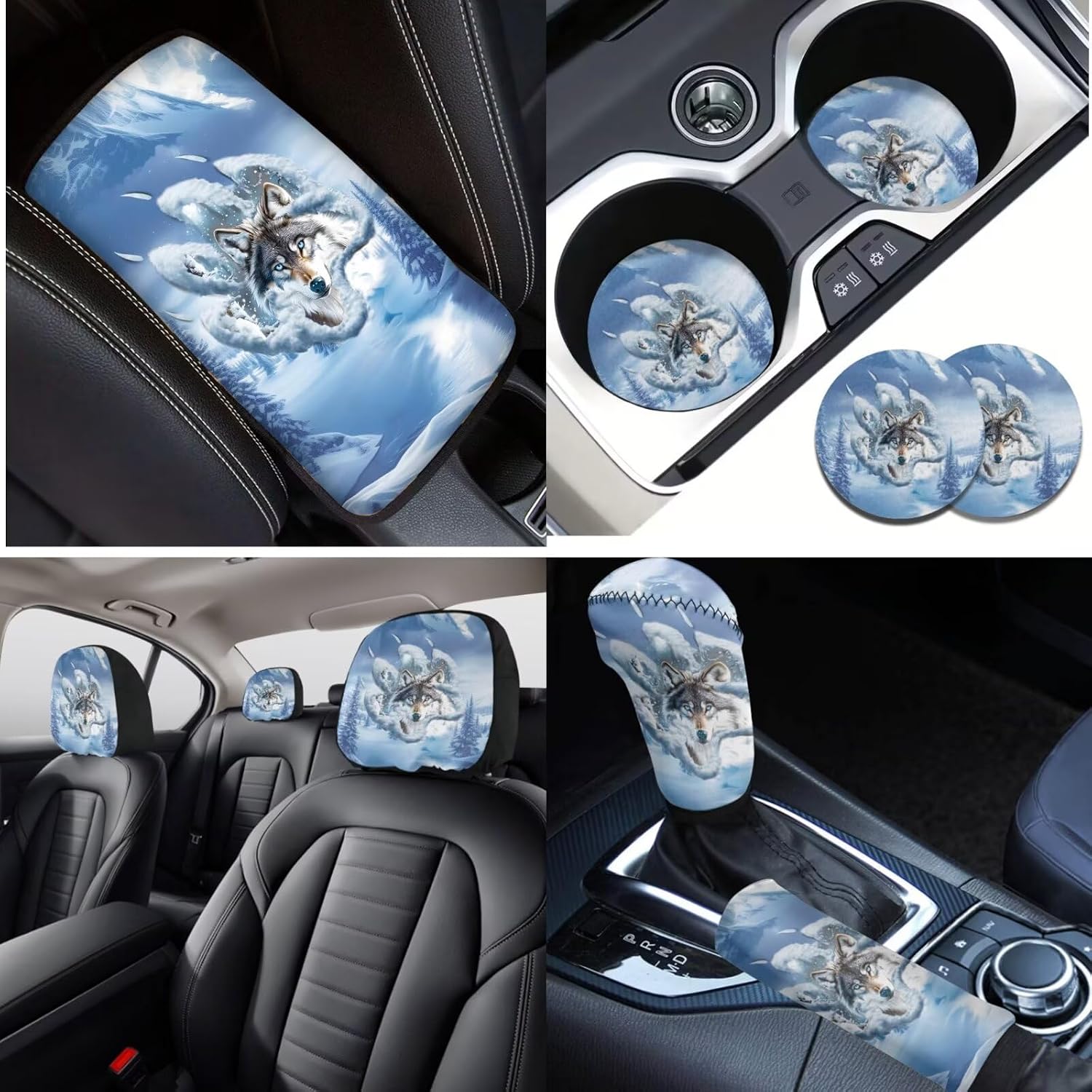 Lotusorchid Wolf Print 16 Pieces Car Seat Cover Set, Removable Car Front Rear Seat Covers and Gear Shift Knob Protector, Anti-Dust Carseat Cover Full Set for Most Vehicles, Truck, SUV