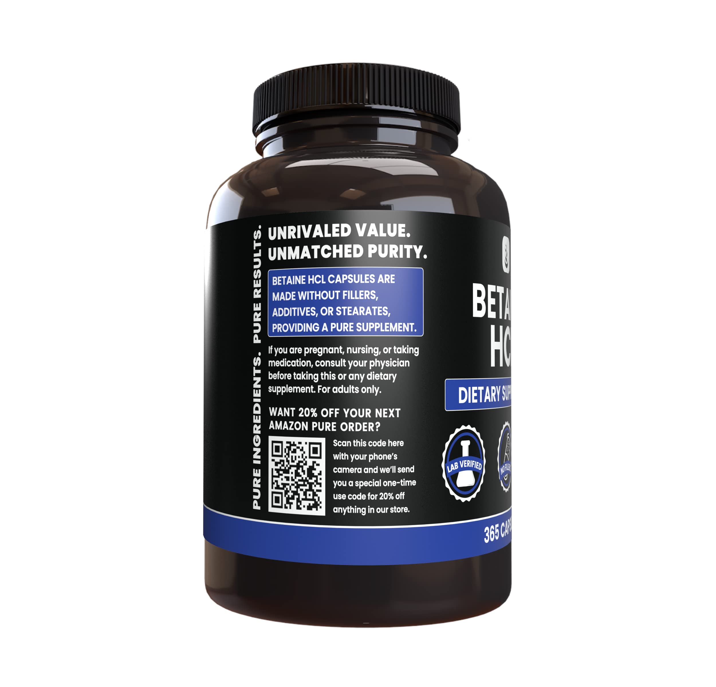 PURE ORIGINAL INGREDIENTS Betaine HCL (365 Capsules) No Magnesium Or Rice Fillers, Always Pure, Lab Verified