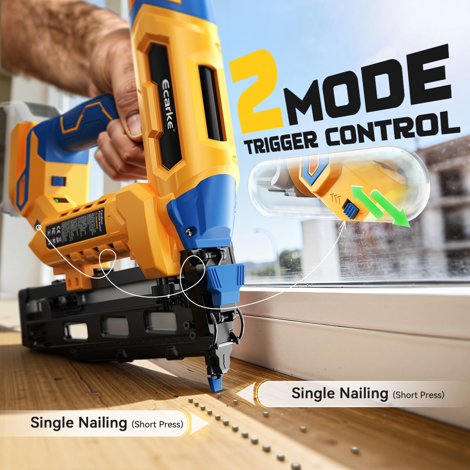 Ecarke Finish Nailer - Clavadora de calibre 16 compatible con batería Dewalt de 20 V, clavadora recta inalámbrica de 3/4 a 2-1/2 pulgadas, ajuste sin herramientas, pistola de clavos de doble modo de