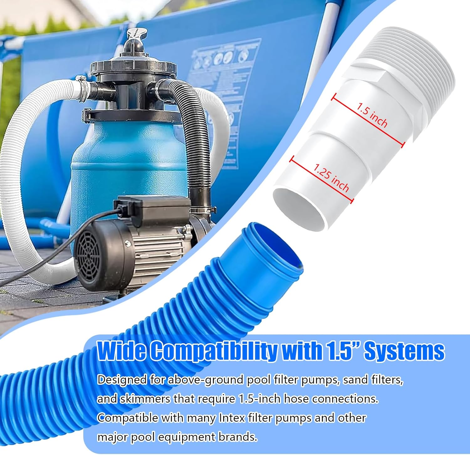 1.5” (38mm) Heavy-Duty Pool Hose Replacement Kit – 6ft Above Ground Pool Hoses with Adapters, Stainless Steel Clamps & PTFE Tape, Compatible with Intex Pool Filter Pumps (2 Pack 6Ft)