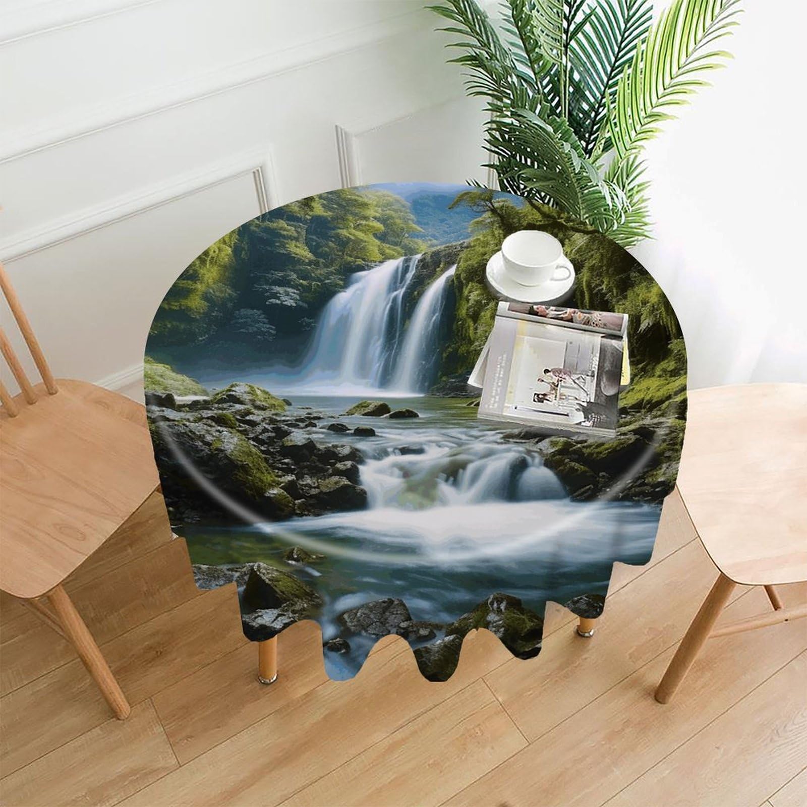 LZQPOEAS Waterfall Landscape Painting Tablecloth Decorative Round Table Cloth Wrinkle Resistant Round Tablecloth Washable Circle Table Cover for Kitchen Dining Party Wedding Camping 60 Inch