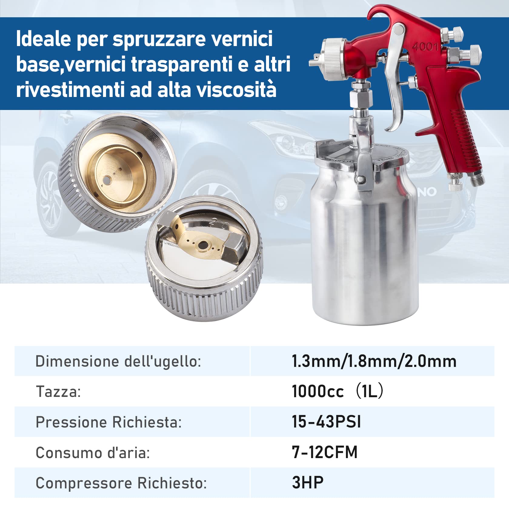 CarBole Pistola a Spruzzo a Aspirazione: Sistema Professionale a Spruzzo d'aria per Camion, Recinzione di Mobili, 1000 cc, Tazze di Vernice con Ugello da 1,3 mm, 1,8 mm, 2,0 mm (Rosso)