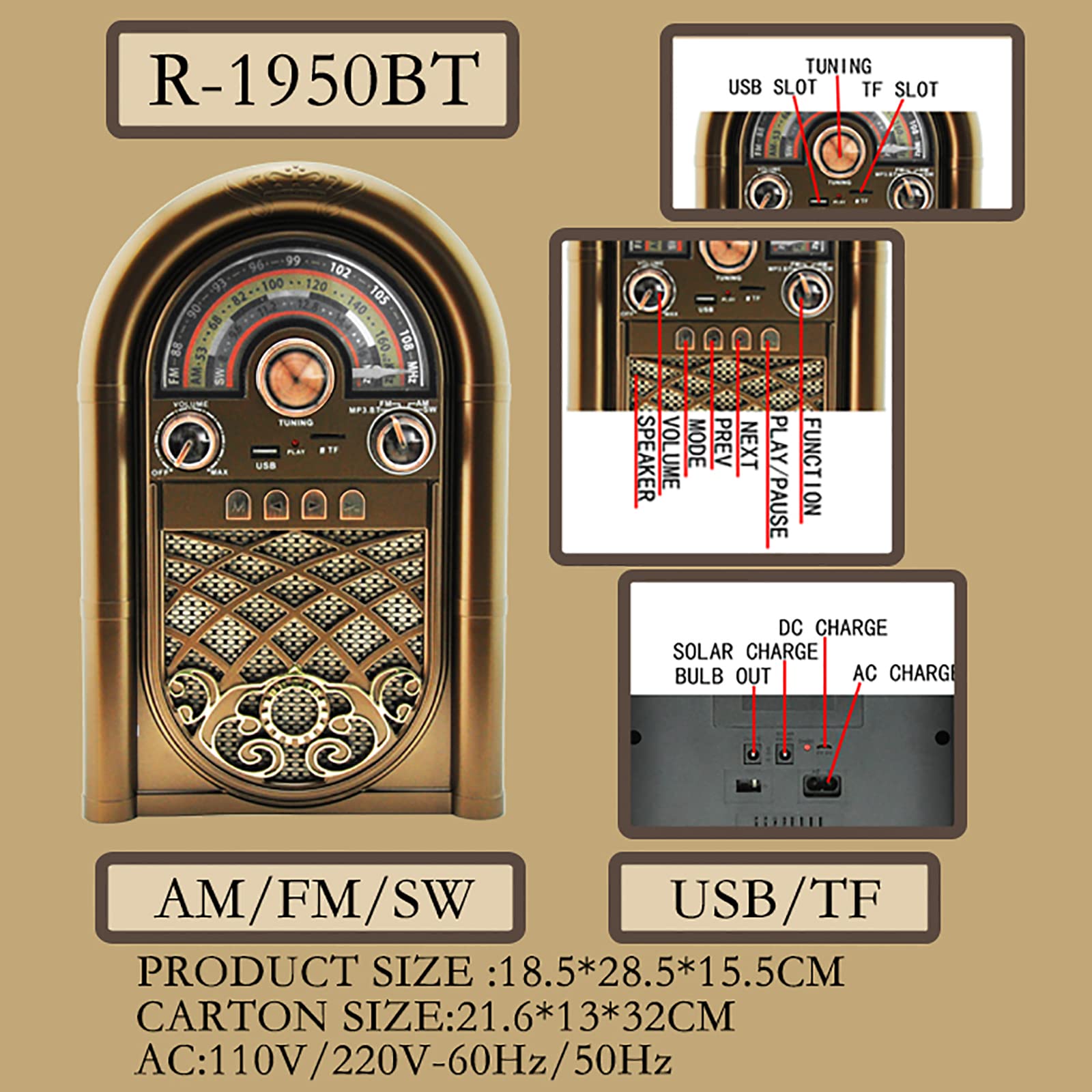 Radio Rétro Portable À Ondes Courtes, Radio Vintage avec Haut-Parleur Bluetooth Et Lecteur De Carte TF, Boîtier Imitation Bois, pour La Maison, Les Amis Ou La Cuisine en Extérieur