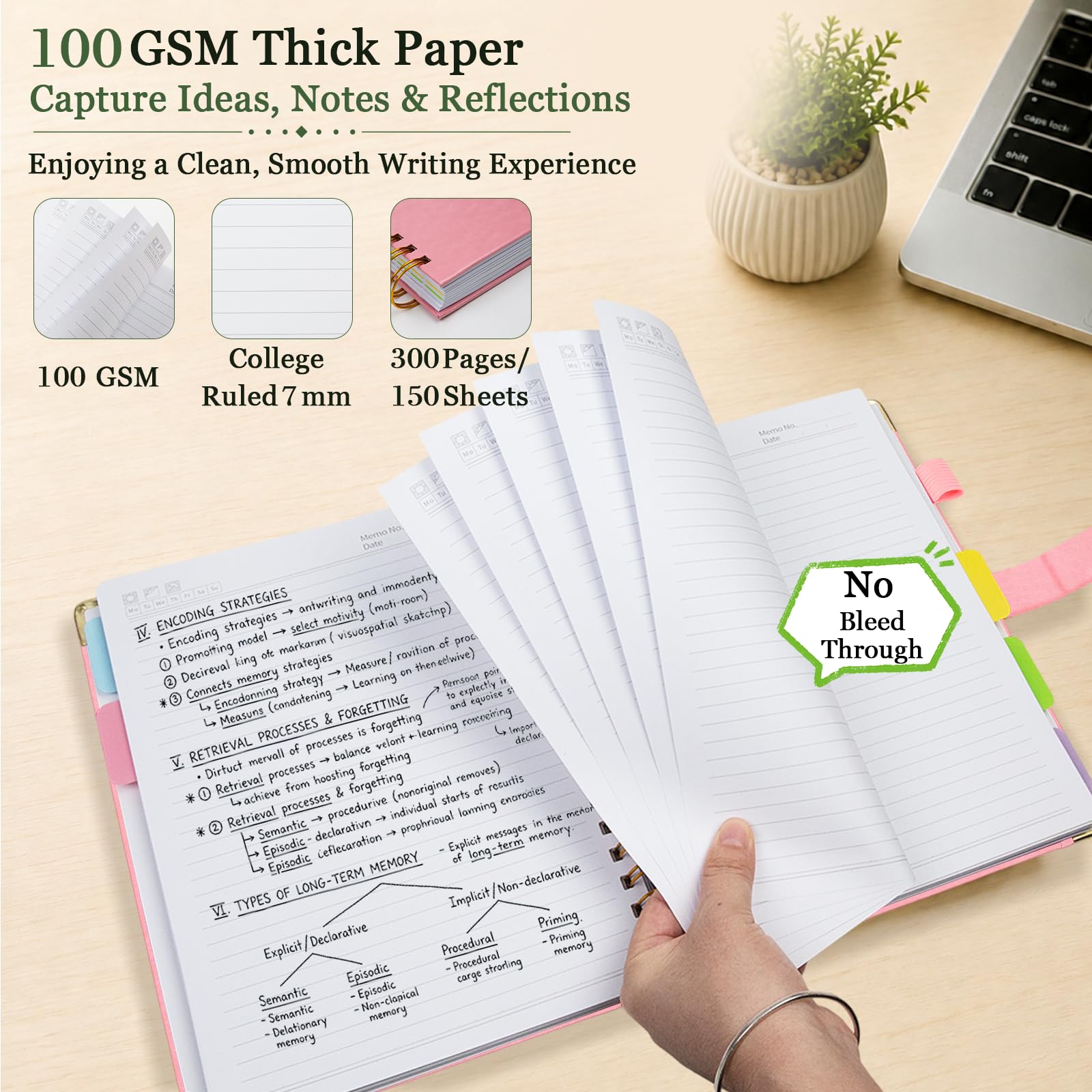 Hardcover Spiral Notebook 8''x 10'' College Ruled Notebook with Magnetic Closure, 300 Pages 5 Subject Notebooks with Pocket Dividers for Work School, B5 Leather Journal for Women, Men (Pink)