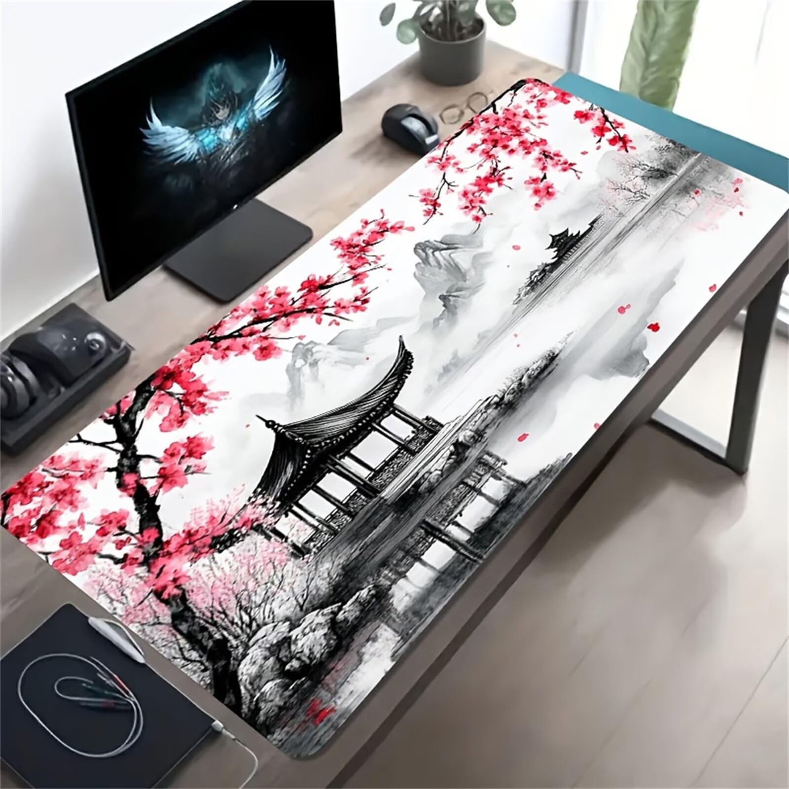Tappetino per Mouse Gaming XXL 1200x600x2 mm, Mousepad Extra Large da Scrivania con Tappetino per Tastiera Antiscivolo, Superficie Ottimizzata per Sensori Ottici, Pittura Inchiostro Fiori