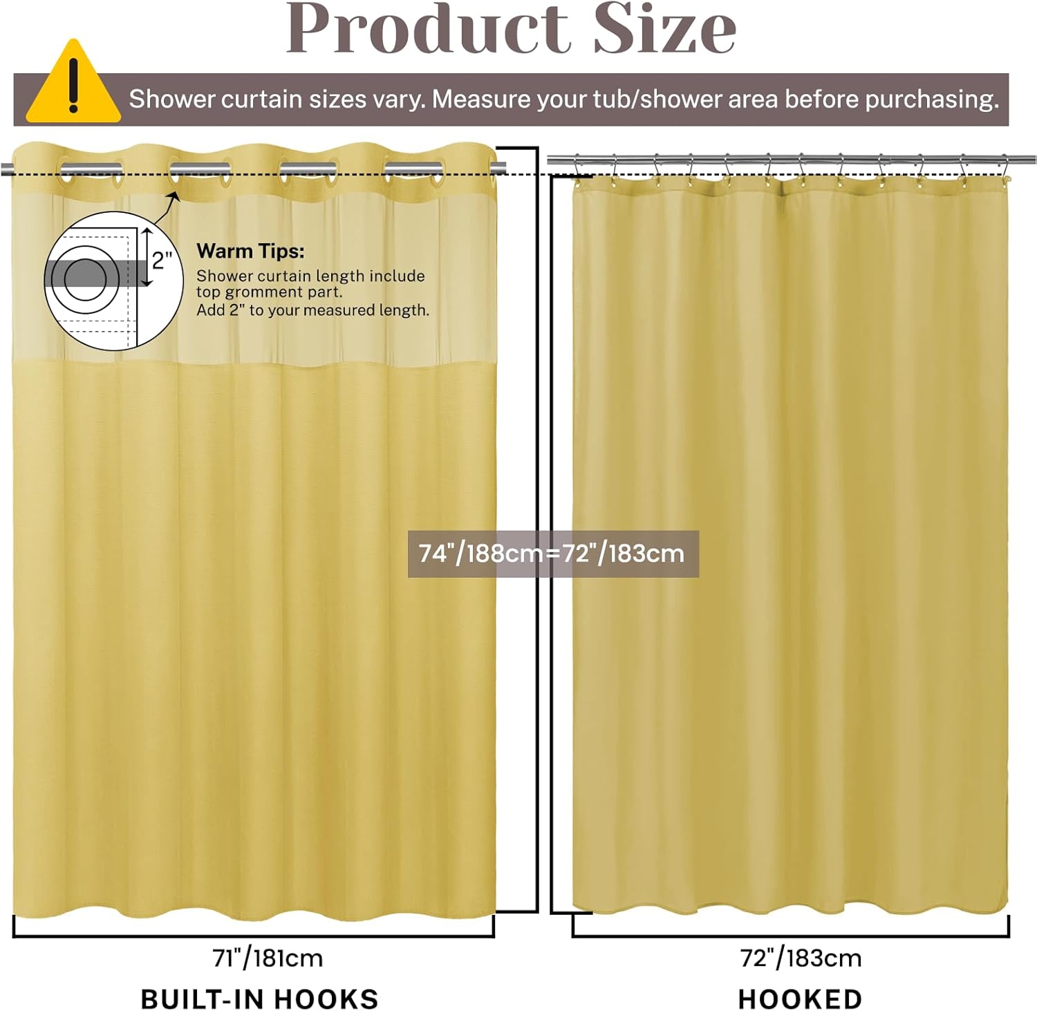 SORTTO No Hook Slub Textured Shower Curtain with Snap in Liner - Yellow Fabric Outer Curtain & Waterproof Inner Liner, Hotel Style with See Through Top Window, 71x74 in