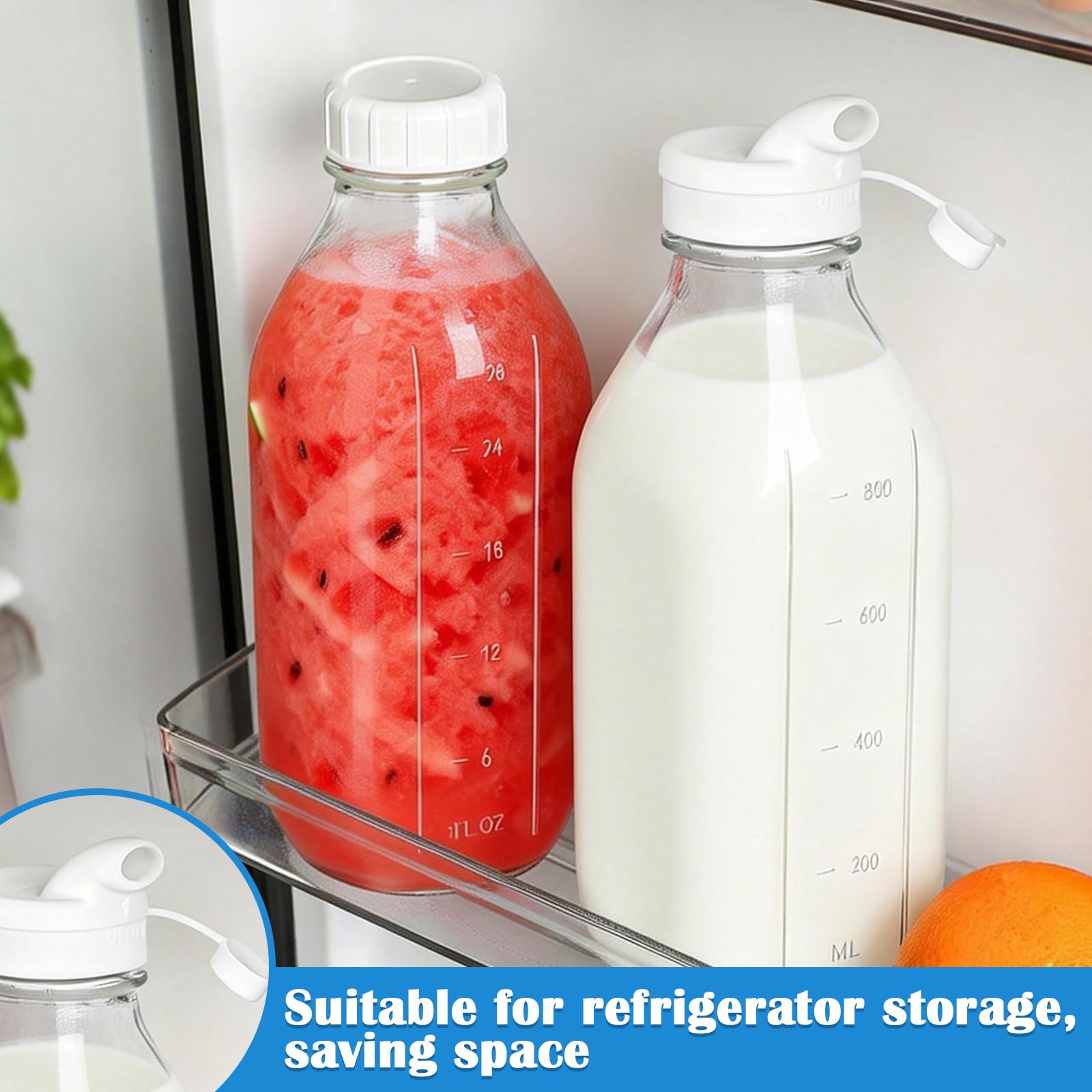 Lot De 2 Bouteilles De Lait En Verre, Bouteilles Carrées En Verre, Carafe À Lait, Avec Couvercles Hermétiques, 1 Litre, Réutilisables Pour Le Stockage Du Lait, Du Jus, Du Miel, De L'eau, Transparent
