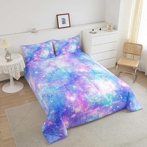 Miniatura 3 de Erosebridal Juego de edredón tamaño matrimonial con purpurina de arco iris, estrellas místicas, ropa de cama y juegos de edredón colorido de