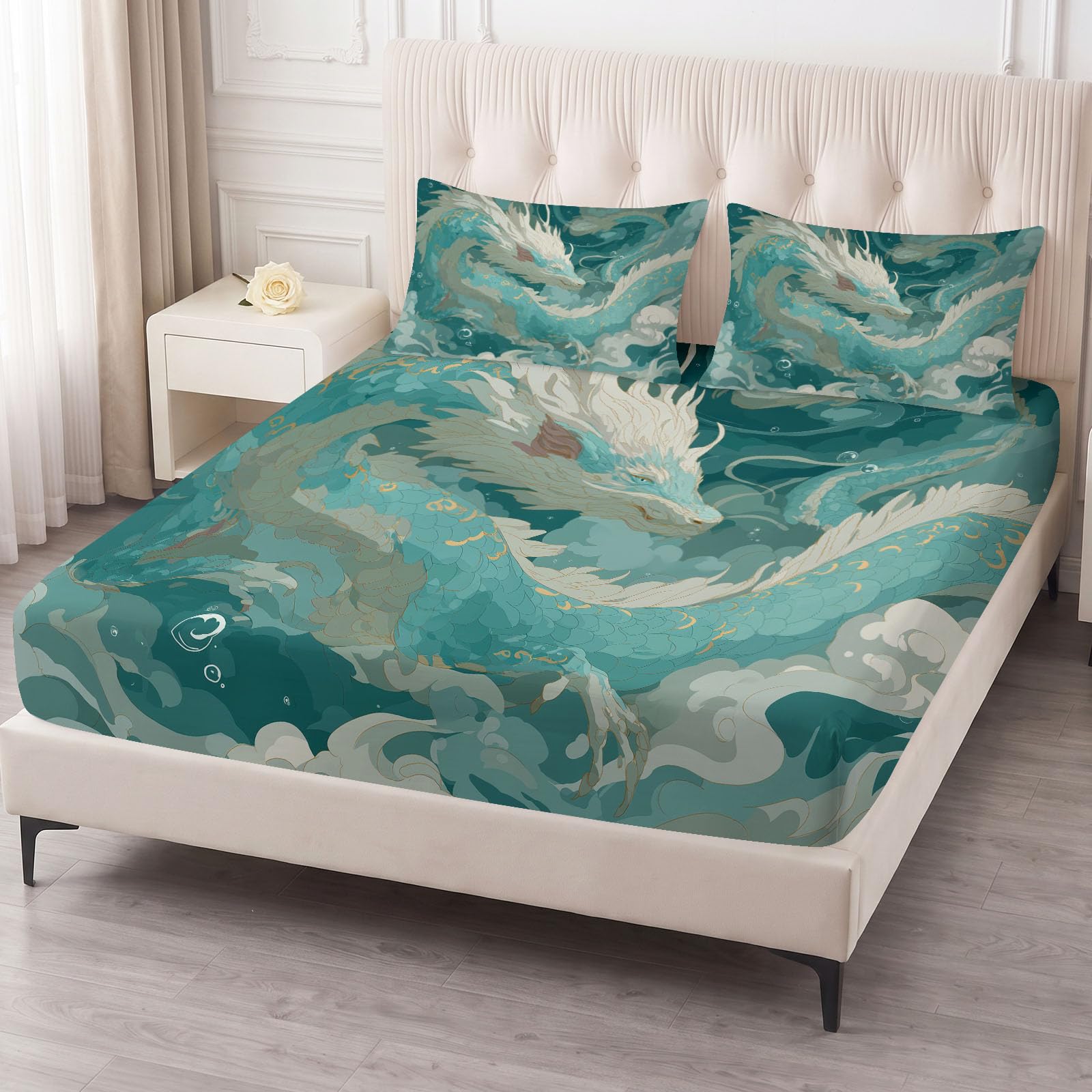 Komplet pościeli z gumką z chińskim smokiem, 180 x 200 cm, orientalna mitologia, dla chłopców, dziewczynek, nastolatków, wygodna, oddychająca, zestaw z 1 gumką i 2 poszewkami na poduszkę