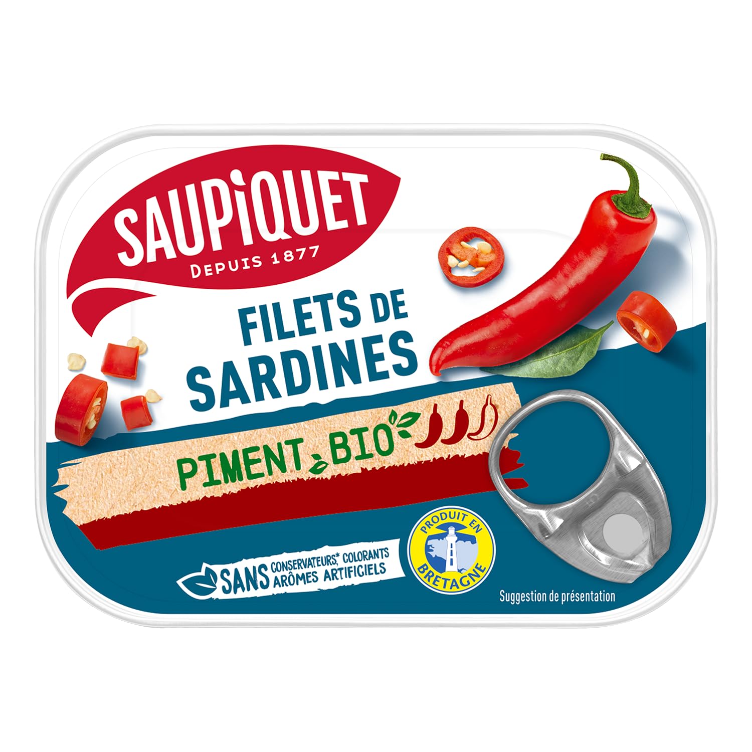 SAUPIQUET - Filets de Sardines au Piment Bio - Sans Arêtes - Sans conservateurs, colorants ni arômes artificiels - Issus d'une Pêche Traçabilité Garantie - 15 Conserves (100 g)