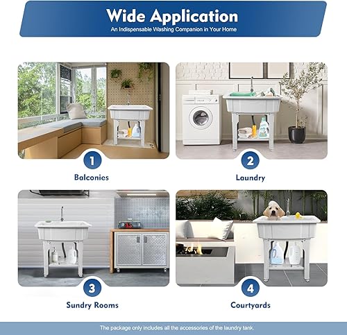 Miniatura 7 de Fregadero de plástico independiente con tabla de lavadero, fregadero de utilidad gris con grifo calientefrío para garaje, jardín y lavandería