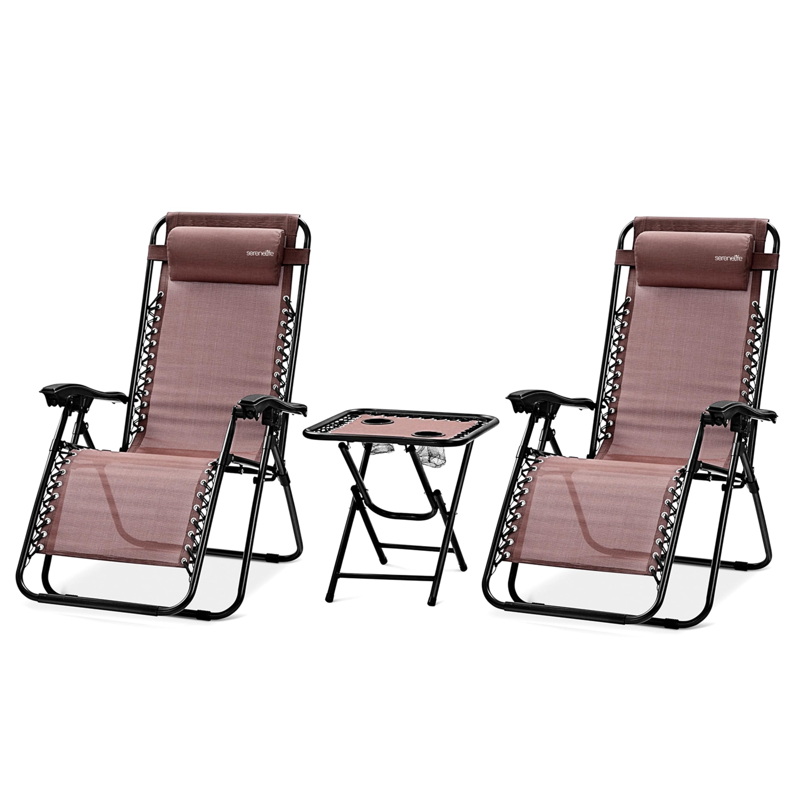 SereneLife Sonnenliege Klappbar 2er Set, Zero Gravity Liegestuhl für Garten und Balkon, bis 120 kg Braun, Verstellbar und Wetterfest, mit Tisch und Getränkehalter, für Strand Pool Relax