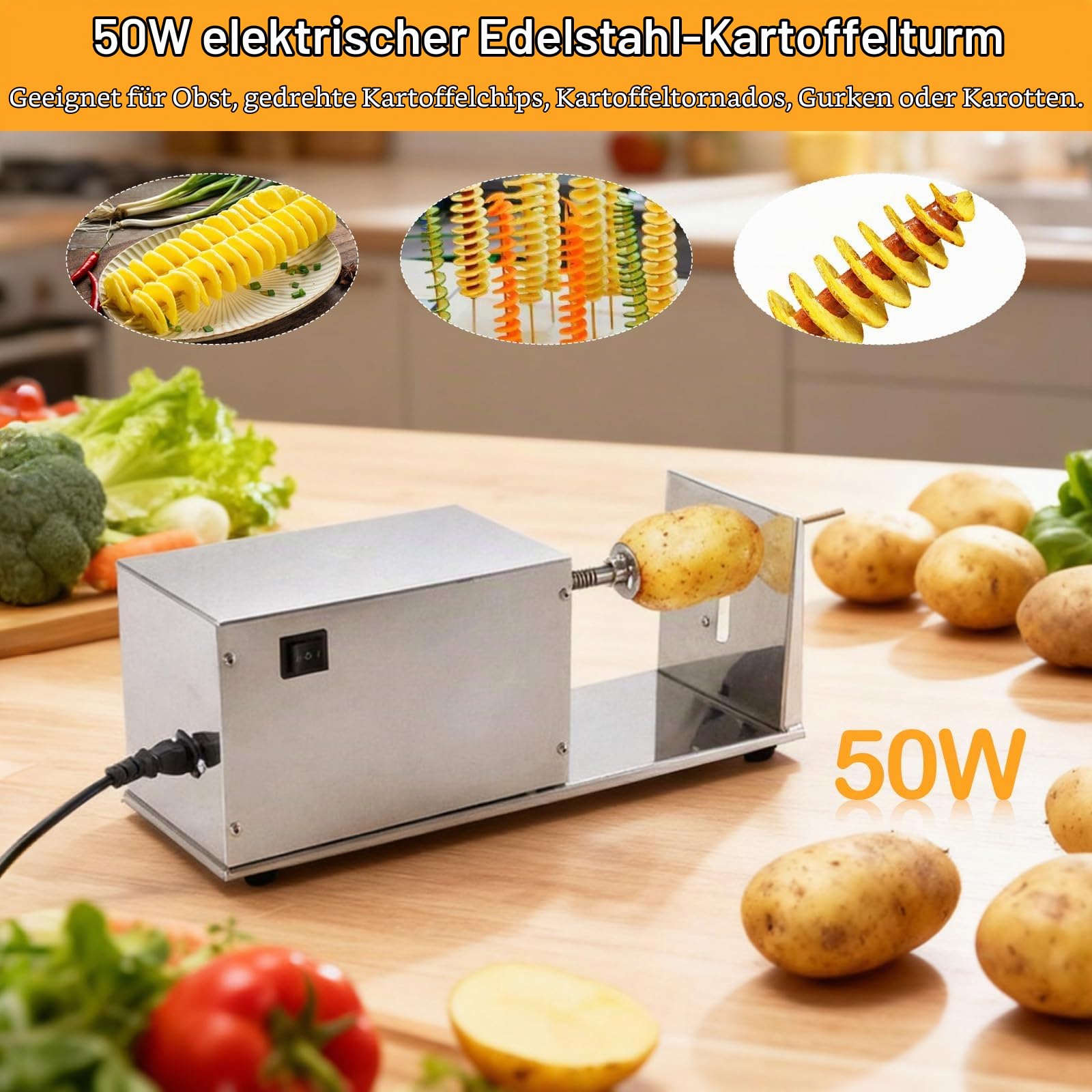 Elektrischer Spiralschneider, Edelstahl Spiralschneider Elektrischer Tornado Kartoffelschneider Kartoffelspiralenschneider Automatischer für Obst Kartoffeln Gurken Karotten 50W 220V