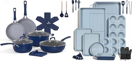 Ammeloo 15-Piece Ribbed Ceramic Cookware Set & 22-Piece Baking Pans Set Stackable Bakeware Blue