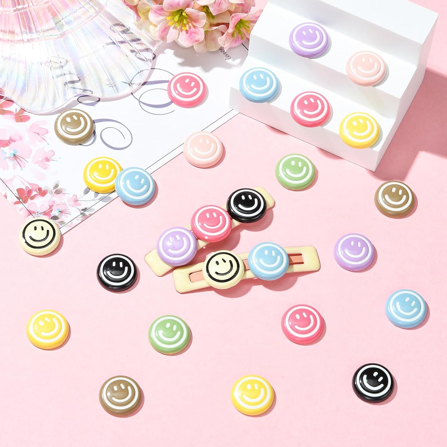 100 pcs Mixed Colors Happy Face Theme Resin Cabochons Flat Round Cartoon Smiling Face No Hole Beads for DIY Jewelry Embellishment Craft Phone Bag Shoes Decor image 5