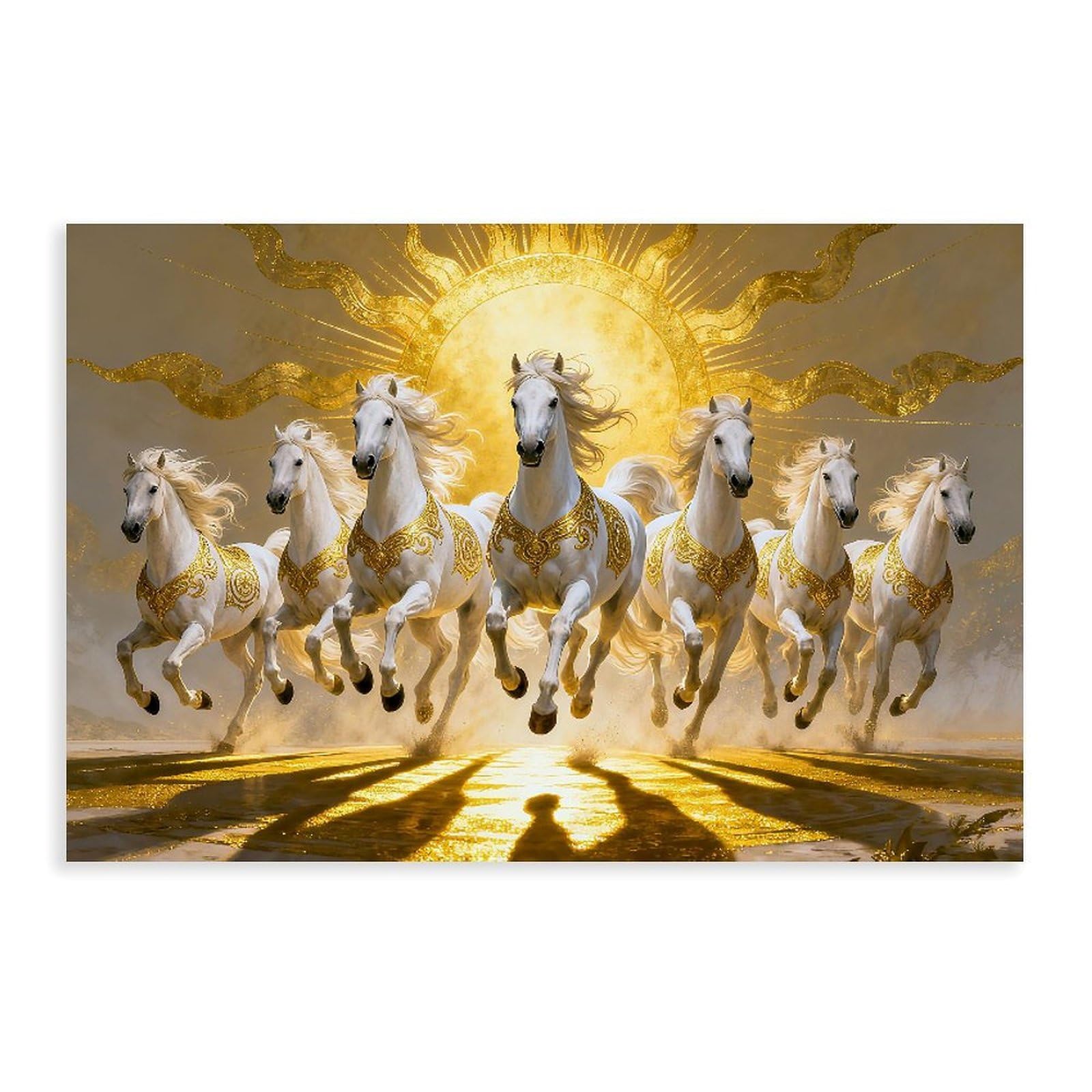 Luxury Seven Running Horses Canvas Print Wall Art White Horses Vastu Prosperity Design for Living Room Bedroom, 16x24inch(40x60cm) Unframe — image 1