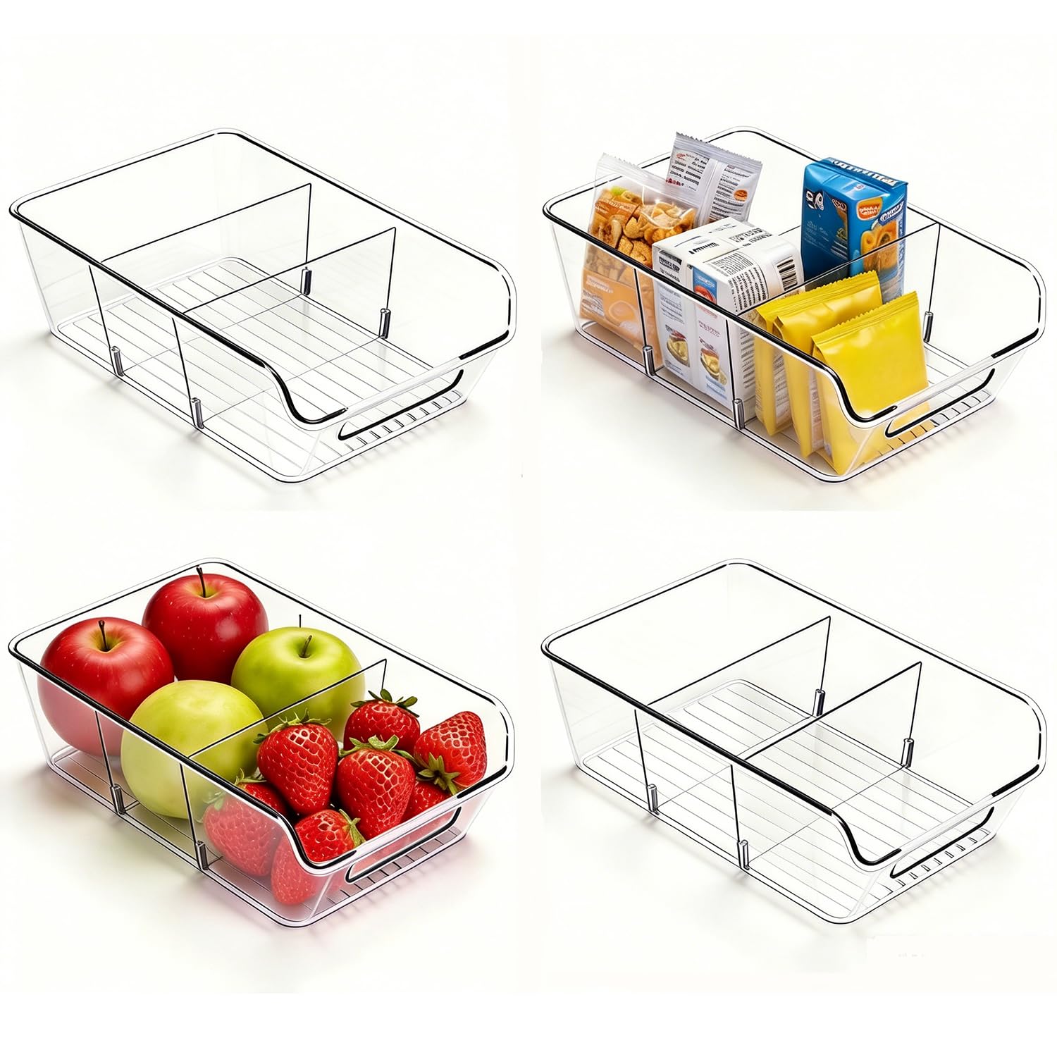 AIYULONG 4er Kühlschrank Organizer set, Küchen Organizer mit 3 Fächern und Griffen,Schubladen organizer Küche Stapelbare Lebensmittel aufbewahrungsbox für Teebeutel,Gewürze,snack