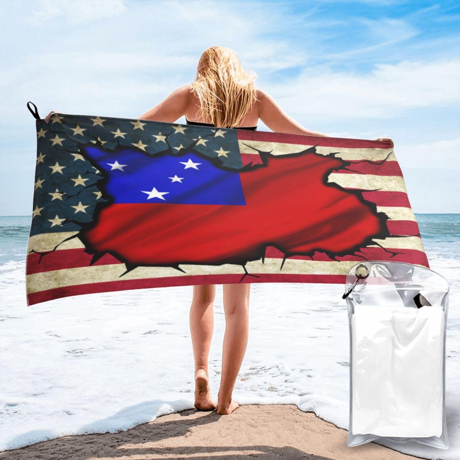 HACXZ Vintage America Flag and Samoa Samoan Flag Absorbent Beach Towel Microfiber Beach Towel Lightweight 31.5"X63"