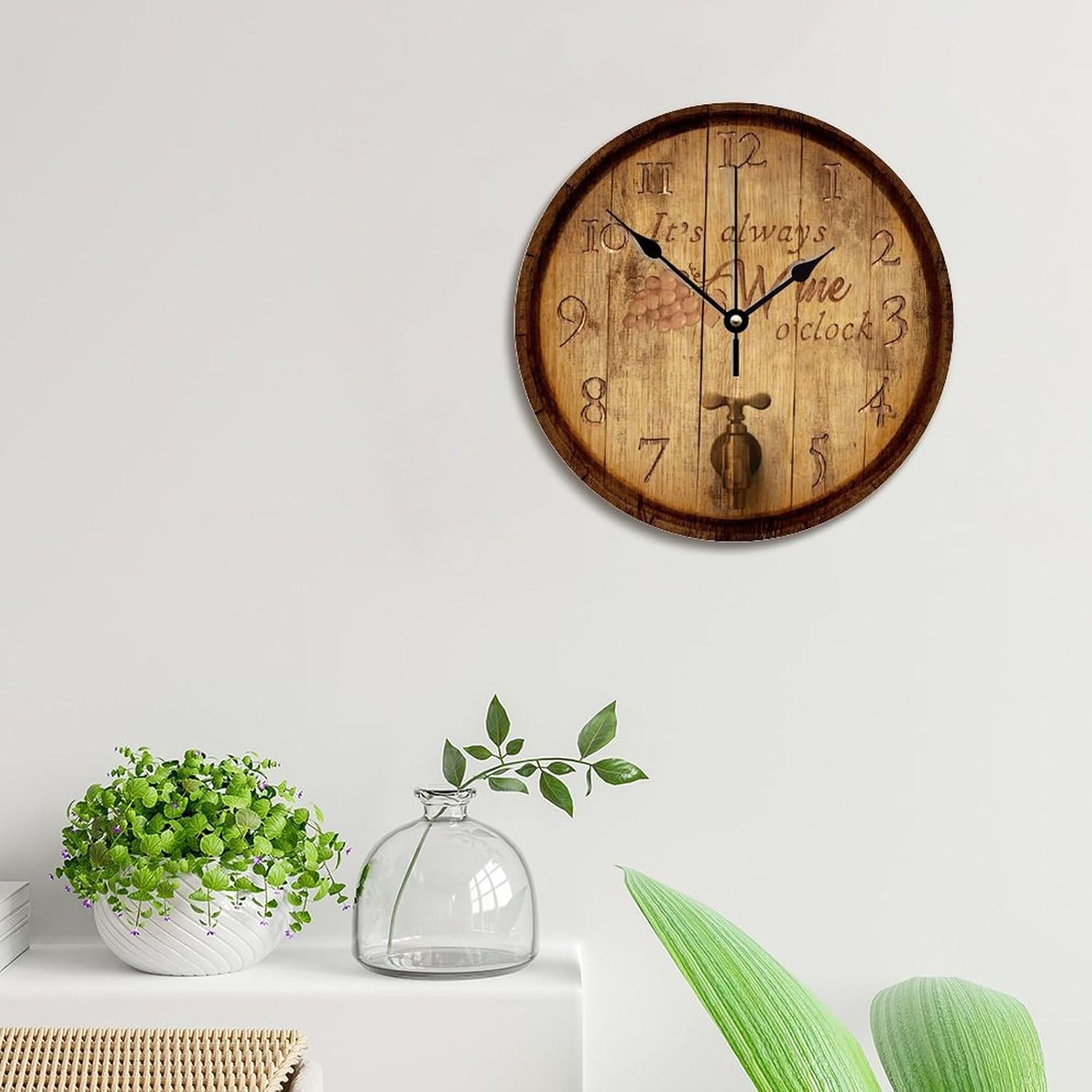 Wine Barrels Wall Clock Its Wine O'clock Large Wooden Wall Clocks Battery Operated 12 Inch Retirement Home Decor Wall Decor for Bedroom Living Room Kitchen School Office