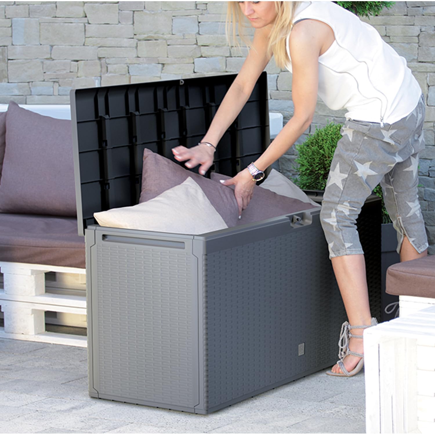 Prosperplast Boxe Rato Plus Gartenbox Aufbewarung Aufbewahrungsbox Rattan 290L Tarrase (Anthrazit)