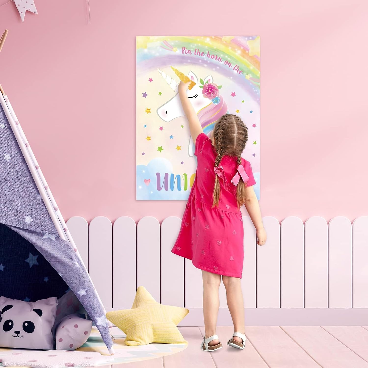 WERNNSAI Pin The Horn On The Unicorn - Unicorn Birthday Decorations 21'' X 28'' Birthday Party Game with 24 Pcs Horns Stickers for Kids School Classroom Activities