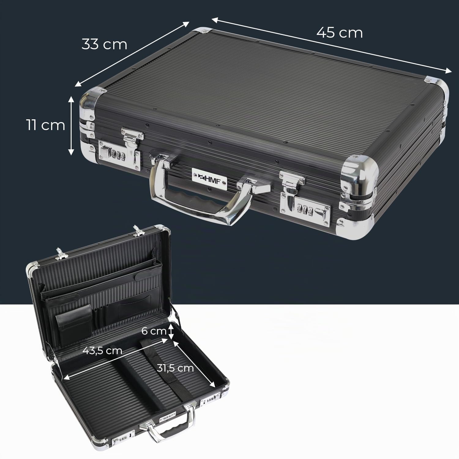 HMF Alu Aktenkoffer für Laptop bis 17,3 Zoll, Businesskoffer Herren mit Zahlenschloss, gepolstertem Laptopfach und Organizer im Deckel | 45 x 33 x 11 cm | Schwarz